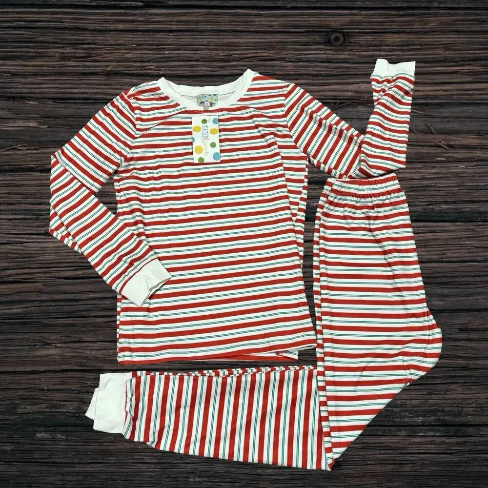 Sugar Dumpin Kids Christmas Pajamas Size 12 Red Green Stripe Holiday PJ Set NWT